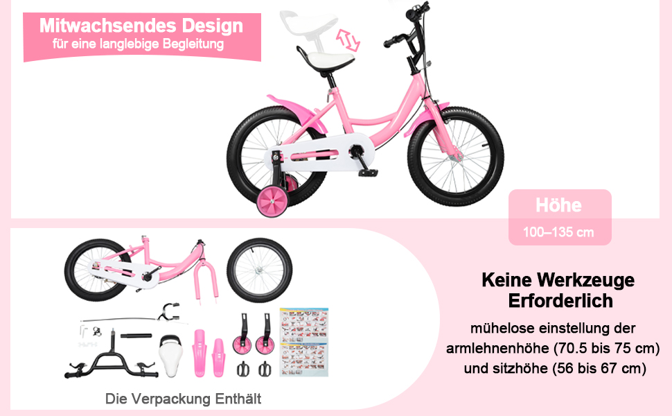 Дитяче велосипед 16 дюймів для хлопчиків та дівчаток, регульована висота, знімні додаткові колеса, рожевий