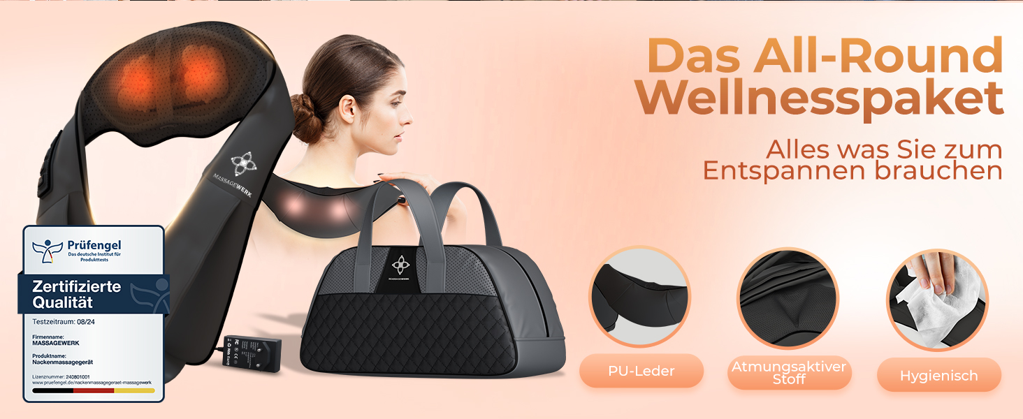 Масажер MASSAGEWERK Shiatsu для шиї та спини, електричний з функцією підігріву, чорний, для зняття м'язових болів та напруги, ергономічний