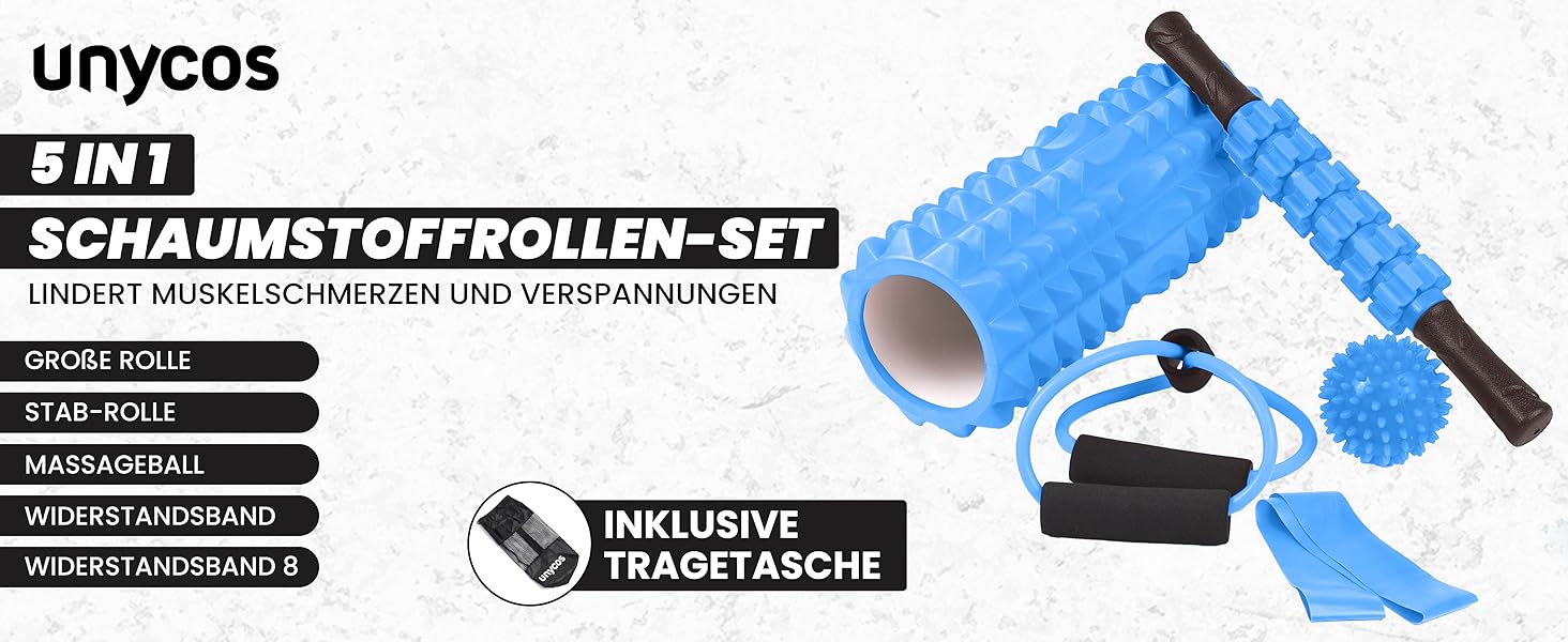Набір для масажу фасцій Unycos: ролер, стрічка, м'яч, стік та фітнес-стрічки (120 кг)