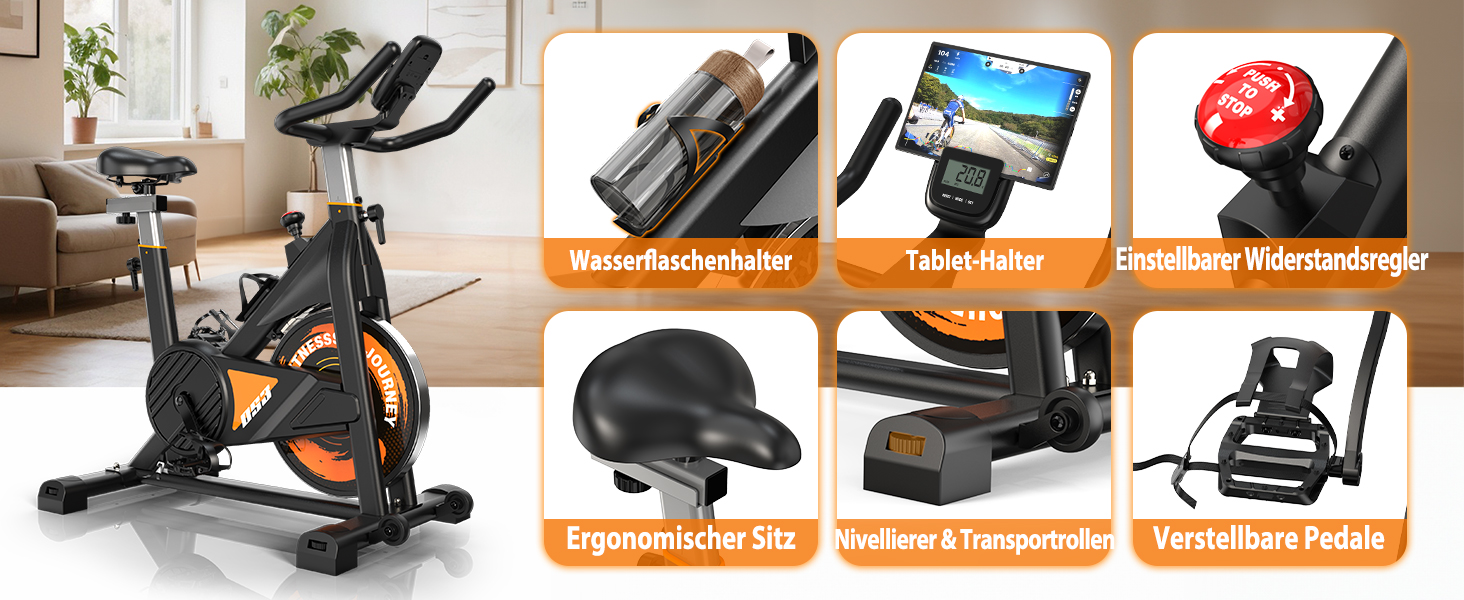 Велотренажер з Bluetooth: велотренажер з магнітним опором, фітнес-велосипед для дому з LCD-дисплеєм, вантажопідйомність 160 кг (Помаранчевий)