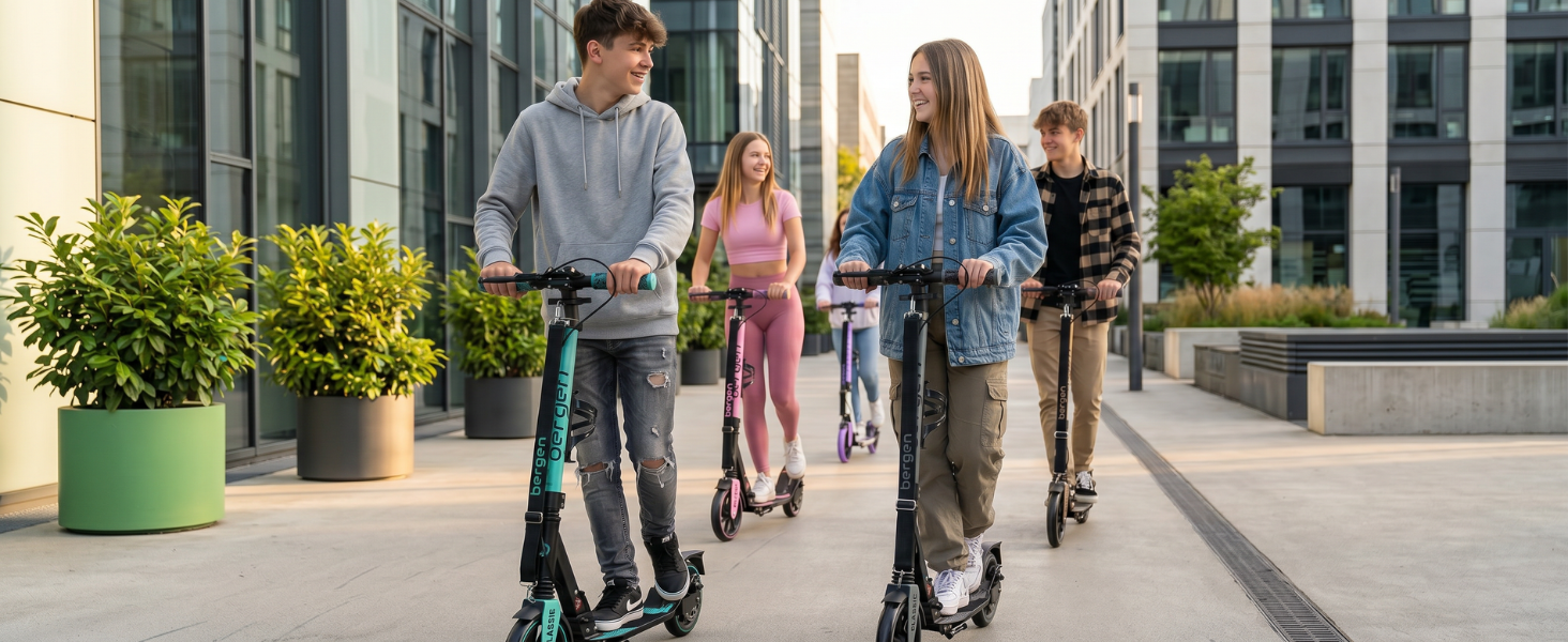 Самокат міський Bergen City Scooter Classic складаний - 200 мм колеса, дискове та ножне гальмо, 2 амортизатори, алюмінієвий, регульована висота, для дітей від 6 років та дорослих до 100 кг, фіолетовий