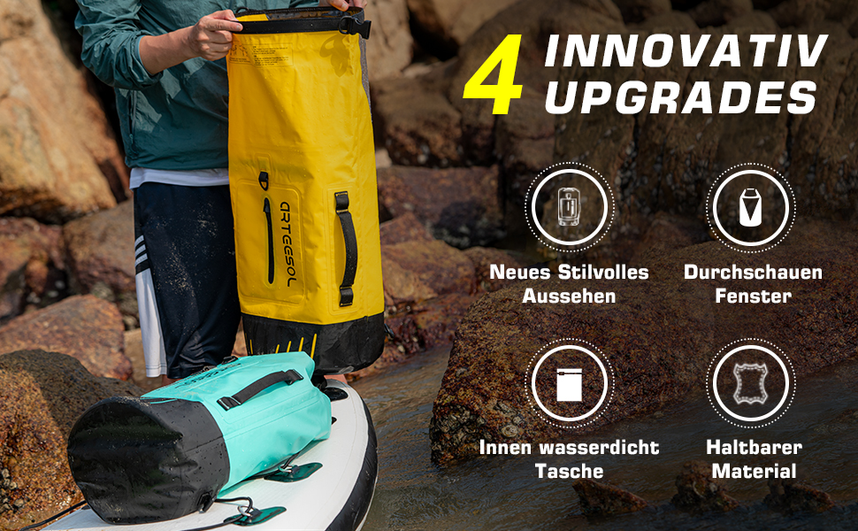 Чорний рюкзак Blackace Arteesol водовідштовхуючий, Dry Bag 20L, 40L, 45L - для каякінгу, кану, кемпінгу, трекінгу, походів, вітрильного спорту та інших водних видів спорту (Жовтий, 45L)