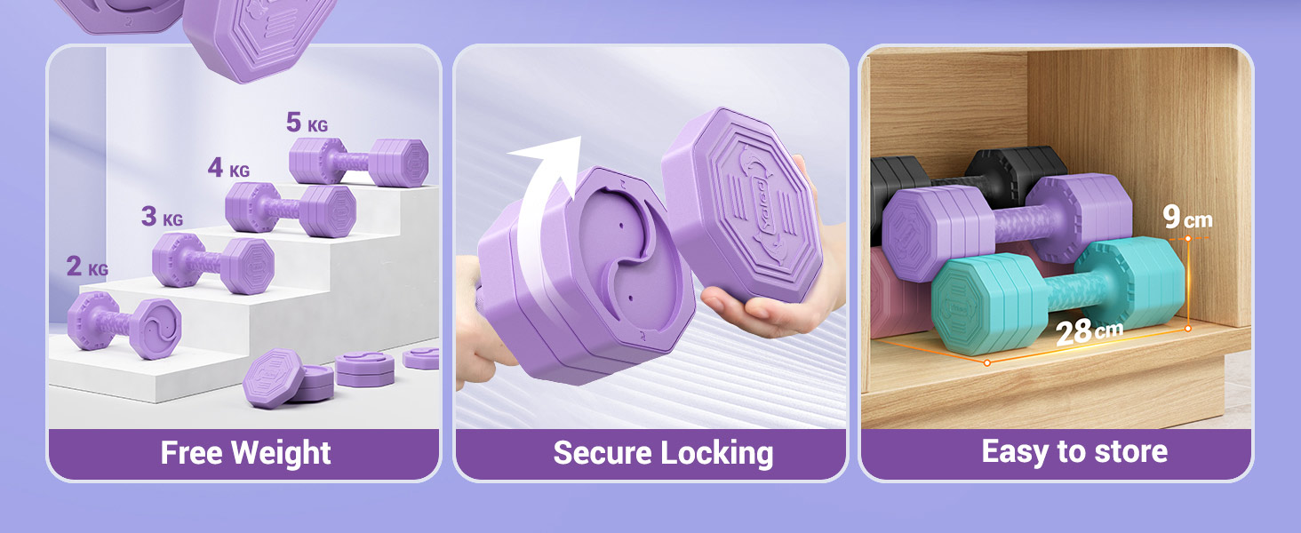 Набір гантелей Yoleo регульовані 2/4 шт. для дому, 2 кг, 3 кг, 4 кг, 5 кг, з м'яким TPR-покриттям, фіолетовий