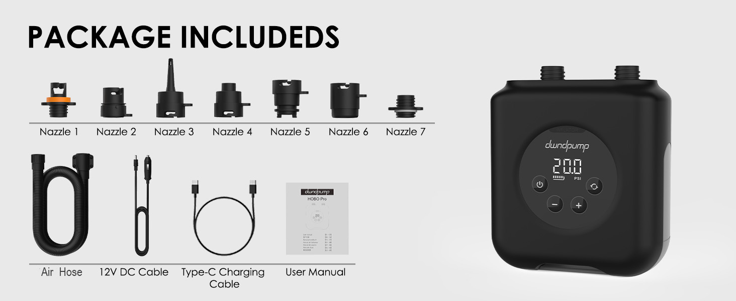 Електрична SUP-насос dwndpump HOBO PRO: акумулятор 4000 mAh, 20 PSI, для SUP, каяків, матраців, 12V автоживлення, сірий