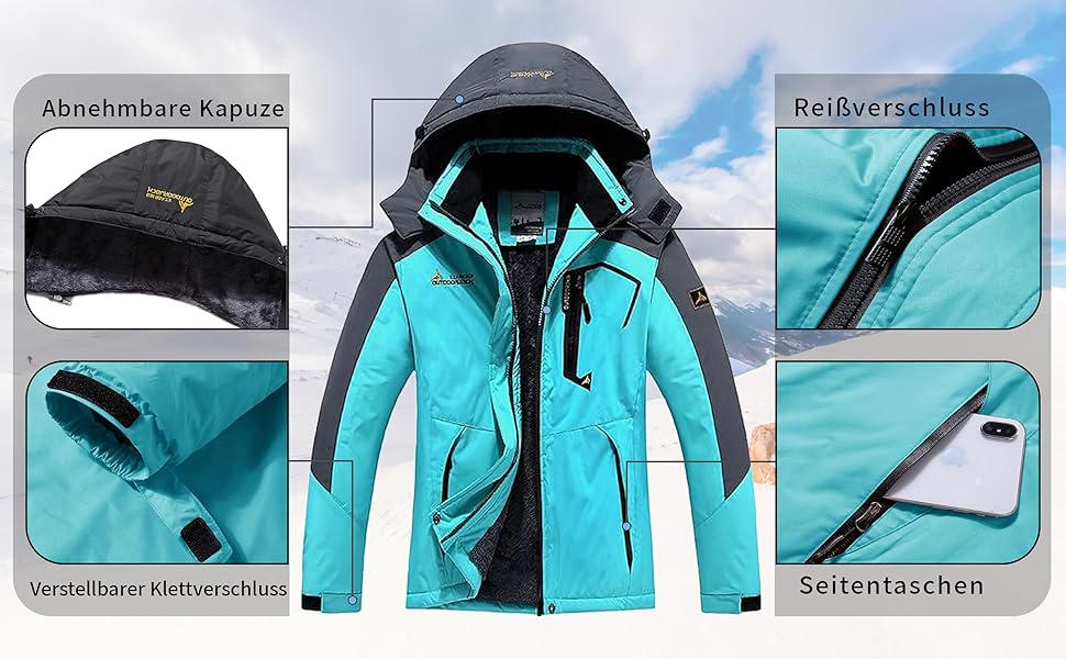 Жіноча лижна куртка BenBoy: водонепроникна, вітрозахисна, тепла, з флісовою підкладкою, дихаюча, для туризму та активного відпочинку, з капюшоном, колір: блакитний