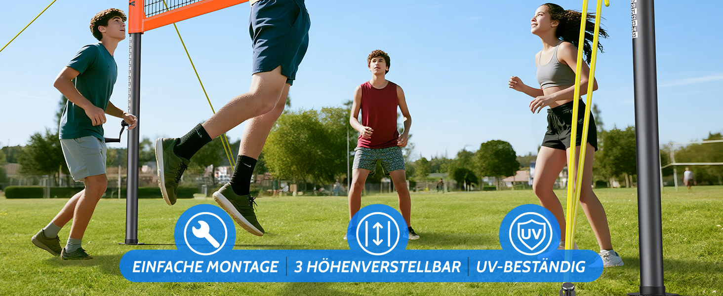 Професійна волейбольна сітка для саду з регульованою висотою, стійками з антикорозійним покриттям, лінією розмітки, м'ячем PU, насосом, натягувачами та сумкою для транспортування (9.75м*1м)