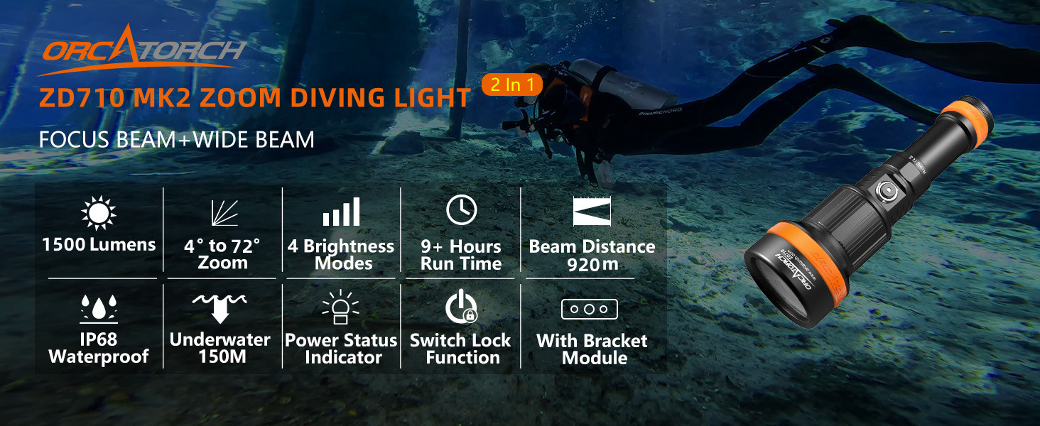 Ліхтар підводний ORCATORCH ZD710MK2 LED з регулюванням фокусу, 1500 люмен, 4 режими, 2-в-1 (прожектор та світло, що розливається), IP68, водонепроникність до 150м, акумулятор для дайвінгу, кемпінгу
