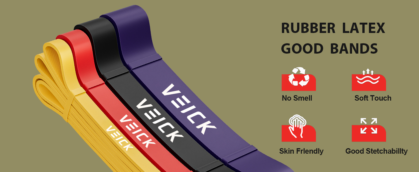 Набір еластичних стрічок для фітнесу VEICK: для калістеніки, пілатесу, фітнесу. Кольори: фіолетовий, чорний, червоний, жовтий