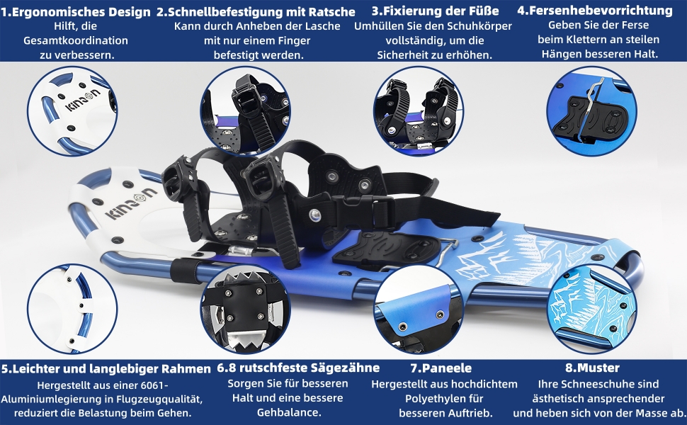 Снігоступи KinZon 3-в-1: легкі, міцні, з трекінговими палками та сумкою, підйом на п'яті, для походів, зелені, 63.5 см (для ваги 54-86 кг)