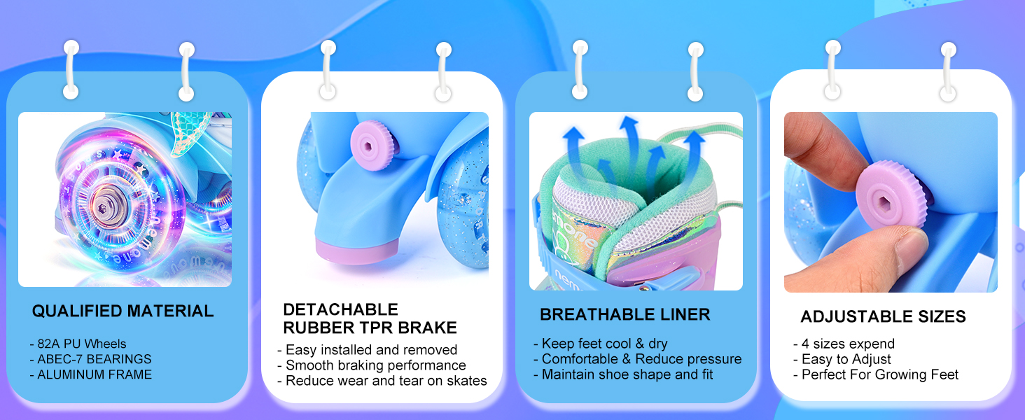 Дитячі ролики Nemone для дівчаток, блакитно-фіолетові, 4 розміри, регульовані, для катання в приміщенні та на вулиці