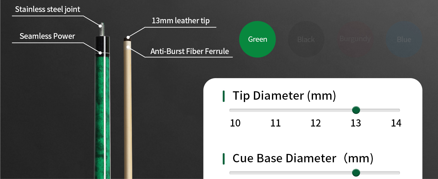AKLOT Більярдний кий 58' (1.73 м) з канадського клена, 510-600г, з шкіряним наконечником 13 мм, 3D-поїлком та прецизійним з'єднанням, для гравців (зелений, 510г)