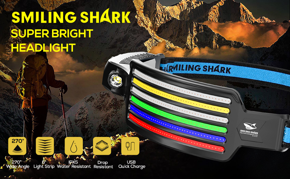 Ліхтар налобний акумуляторний Shark з LED, водонепроникний, для кемпінгу, бігу, риболовлі, 6 LED, мультиколір