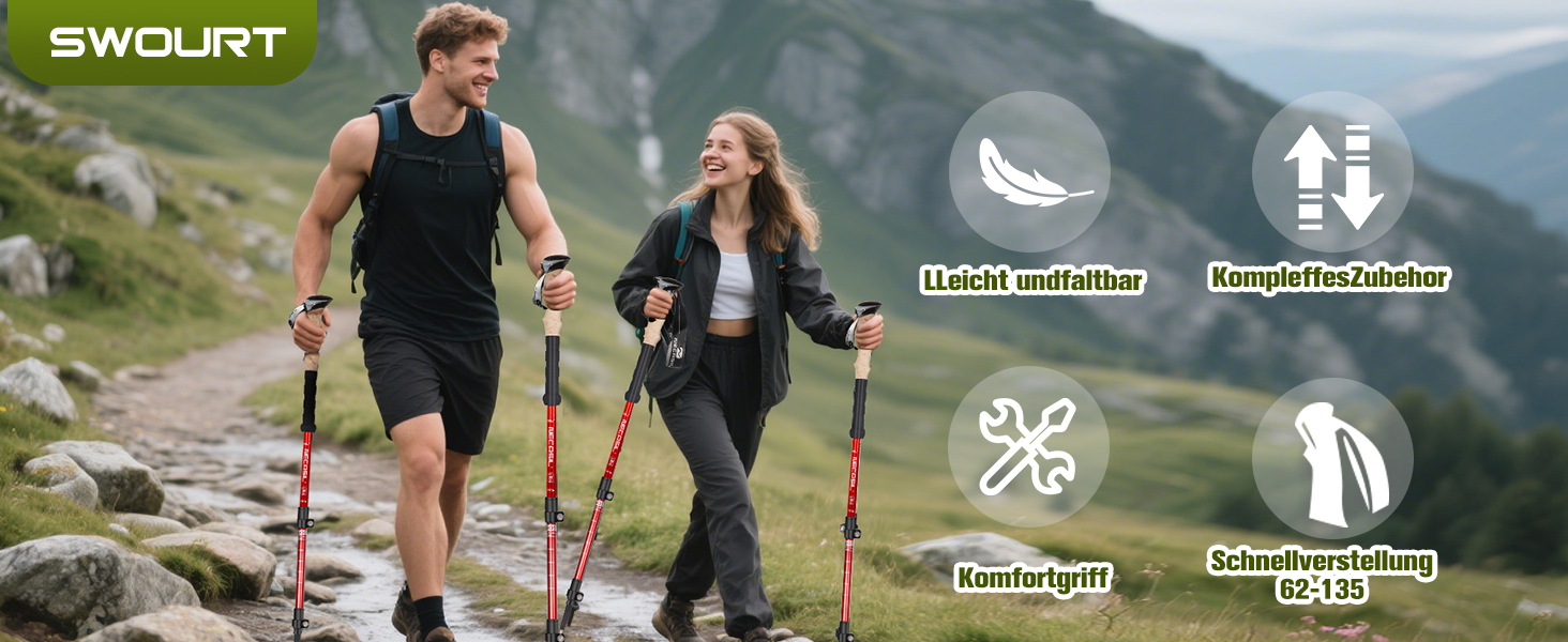 Телескопічні палиці для скандинавської ходьби з алюмінію, регульовані та складні, з корковими ручками для жінок та чоловіків, 62–135 см, червоні (Upgrade 2025)