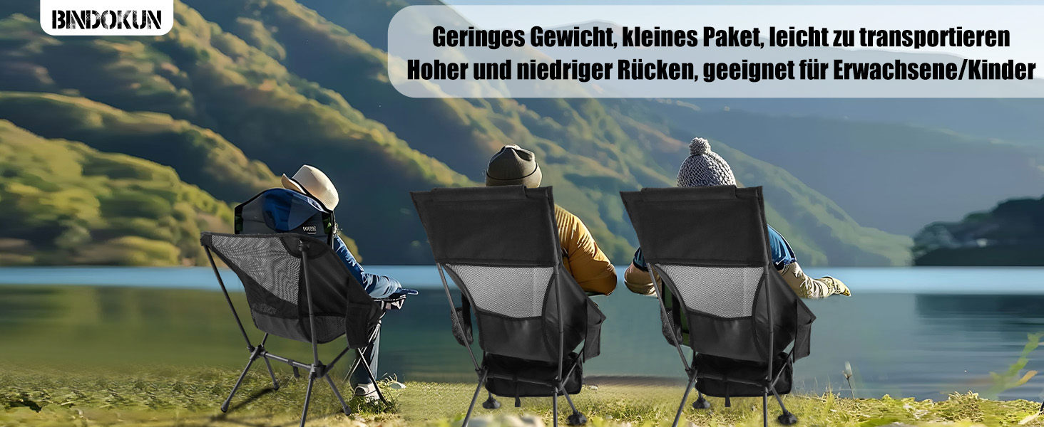 Зручний складаний стул для кемпінгу Bindokun, 120 кг, ультралегкий, з кишенями та підголівником, чорний