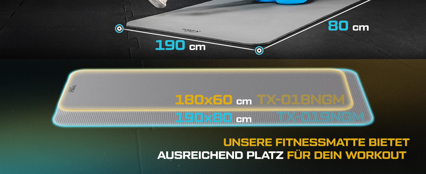 TREX SPORT Килимок для гімнастики та фітнесу | Товстий та м'який, 190x80x1 см, з ручкою для перенесення, неслизький, сірий | Килимок для йоги