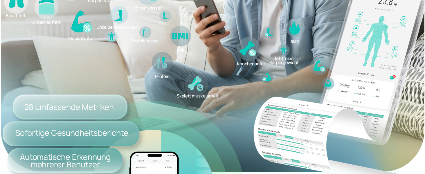 Вага RunSTAR для вимірювання жиру в тілі, персональна вага з 8 електродами, вимірювання ваги, жиру, BMI, м'язової маси та 28 параметрів тіла, додаток, 3 показники, 180 кг, чорний колір