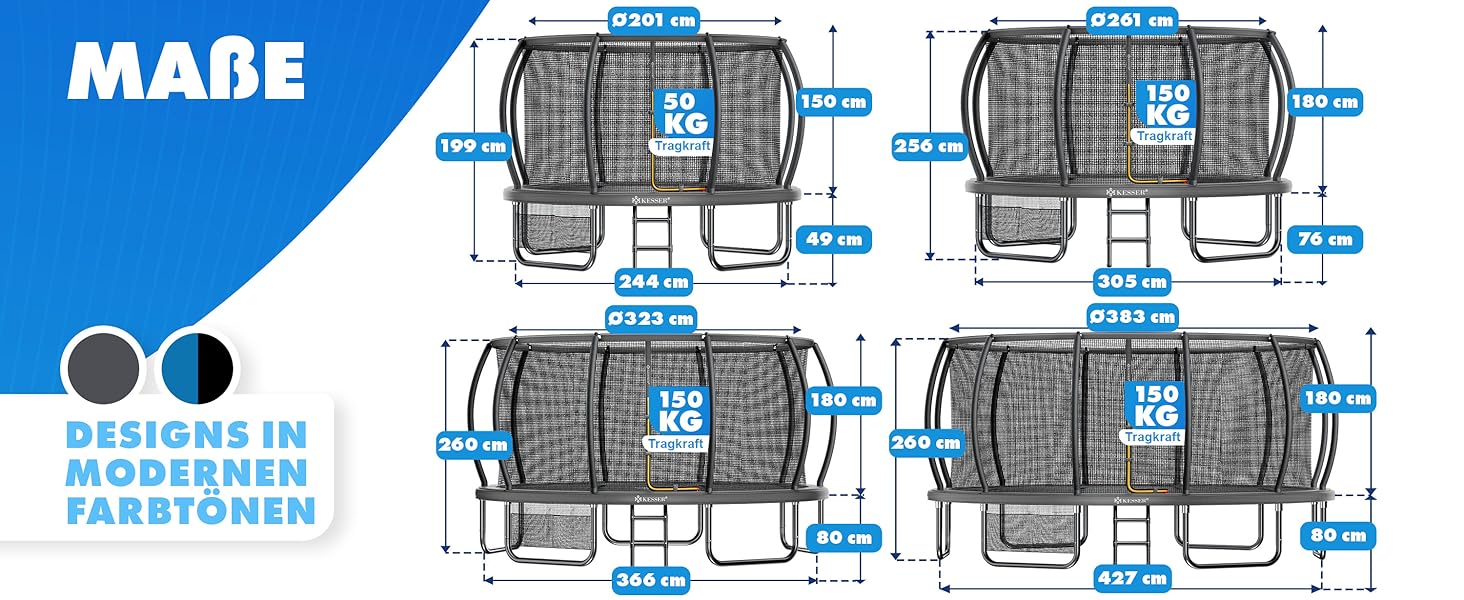 Батут KESSER® Outdoor Ø 244/305/366/427 см з сертифікатом GS, для дітей та дорослих (до 150 кг) з захисним сітком, сумкою, сходами, захисним бортиком та м'якими стійками сітки, антрацит
