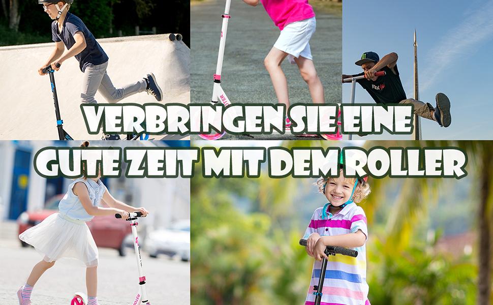 Дитячий трюковий самокат GOPLUS Roller Kinder 10 років, 3-ступенева регулювання висоти, легкий алюмінієвий, складаний, з LED-колесами, гальмом на задньому колесі, ременем та підставкою, до 100 кг, зелений