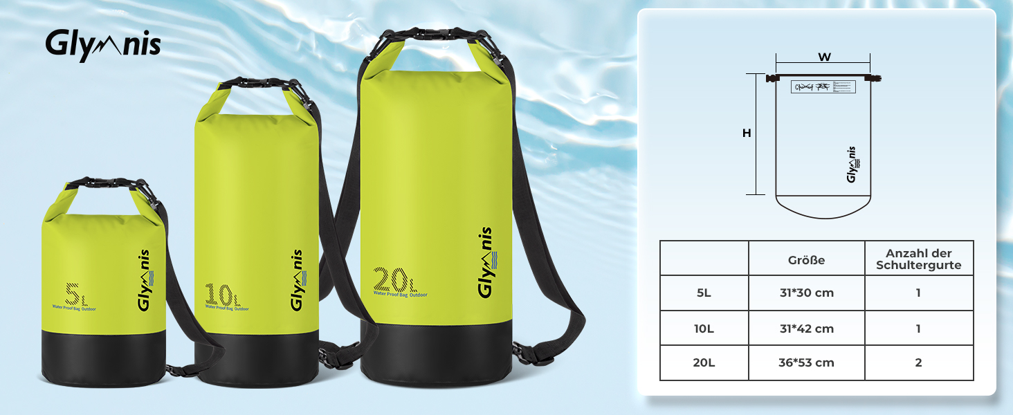 Водонепроникний мішок Glymnis Dry Bag 10L/20L: Сумка для водного спорту, пляжу, кемпінгу (Блакитний)