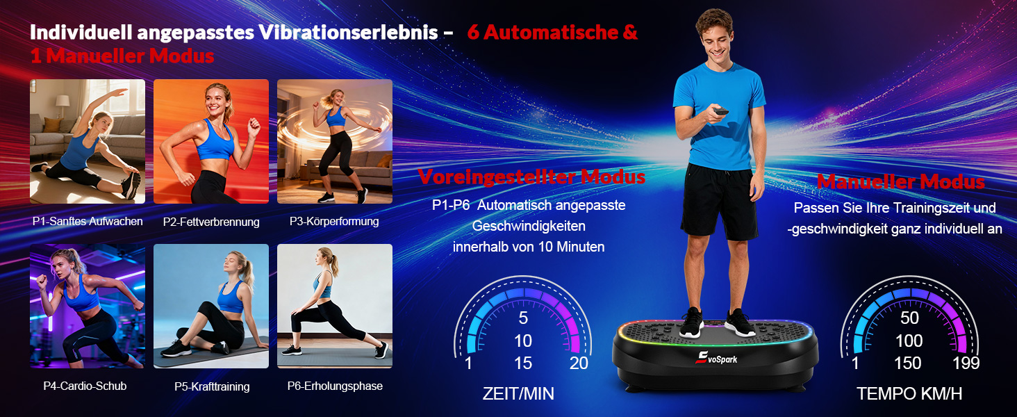 Вібраційна платформа для дому: 199 швидкостей, 6+1 режими, 200W двигун, LED-підсвітка, чорний колір