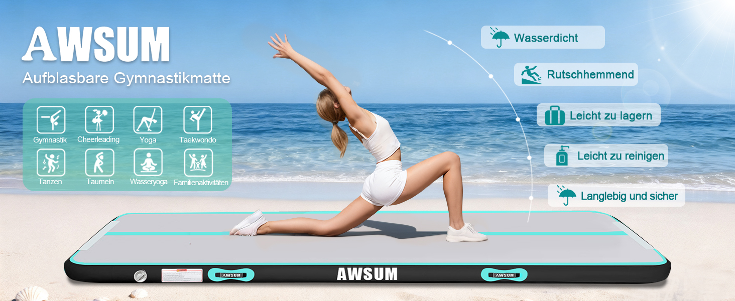AWSUM Килимок для гімнастики надувний, 2/3/4/5/6м, для йоги, фітнесу, розтяжки, 10/20см товщина, 500x100x20см, м'ятно-зелений + чорний