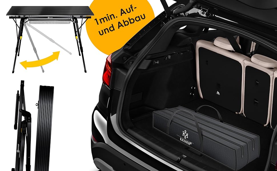 Кемпінговий стіл KESSER® розкладний, з алюмінієвим каркасом, регулювання висоти, 90x53 см, до 100 кг, чорний, з сумкою та сітчастою кишенею