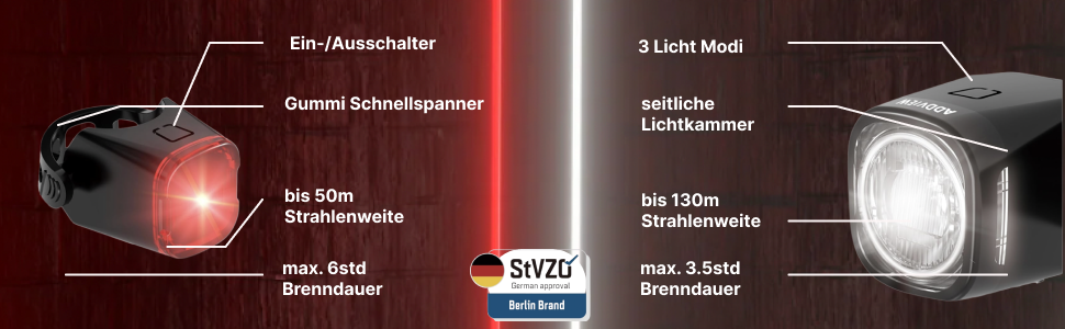 Набір велоліхтарів ADDVIEW, сертифікований StVZO, LED, IP65, водонепроникний - передній + задній ліхтар, USB Type-C, монтаж без інструментів, Twins