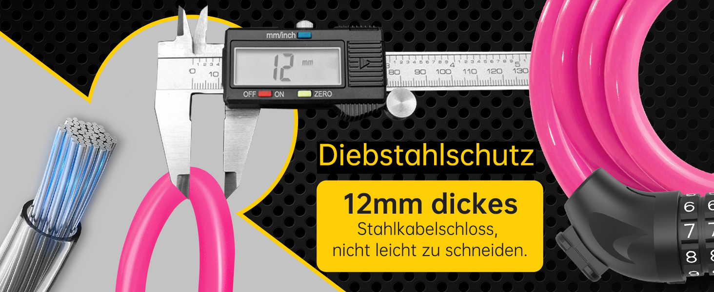 Замки для велосипеда з кодом 12 мм/120 см, антикрадіжний кабель, 5-значний код, вологостійкий, для велосипеда, електровелосипеда, дитячої коляски, драбини (Чорний, Рожевий)