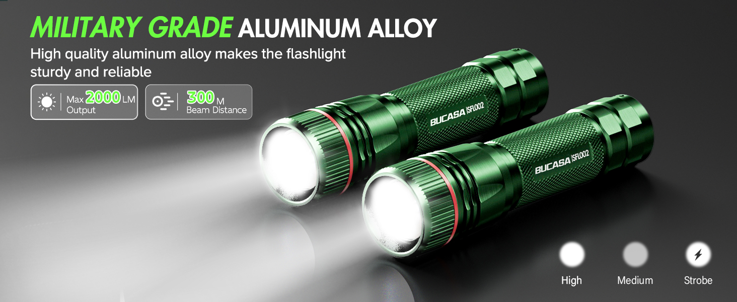 Ліхтарик LED BUCASA, 2000 люмен, 3 режими, збільшення, водонепроникний, для кемпінгу та активного відпочинку (зелений)
