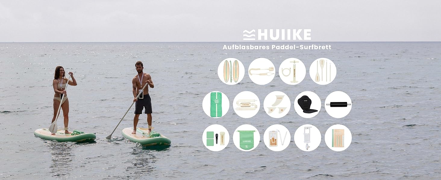 Надувний SUP-борд HUIIKE Stand Up Paddle Board з аксесуарами: весло, фіни, насос. Стабільний та міцний, 305 × 84 × 15 см, до 130 кг (Paulownia Mint - Full Pack)