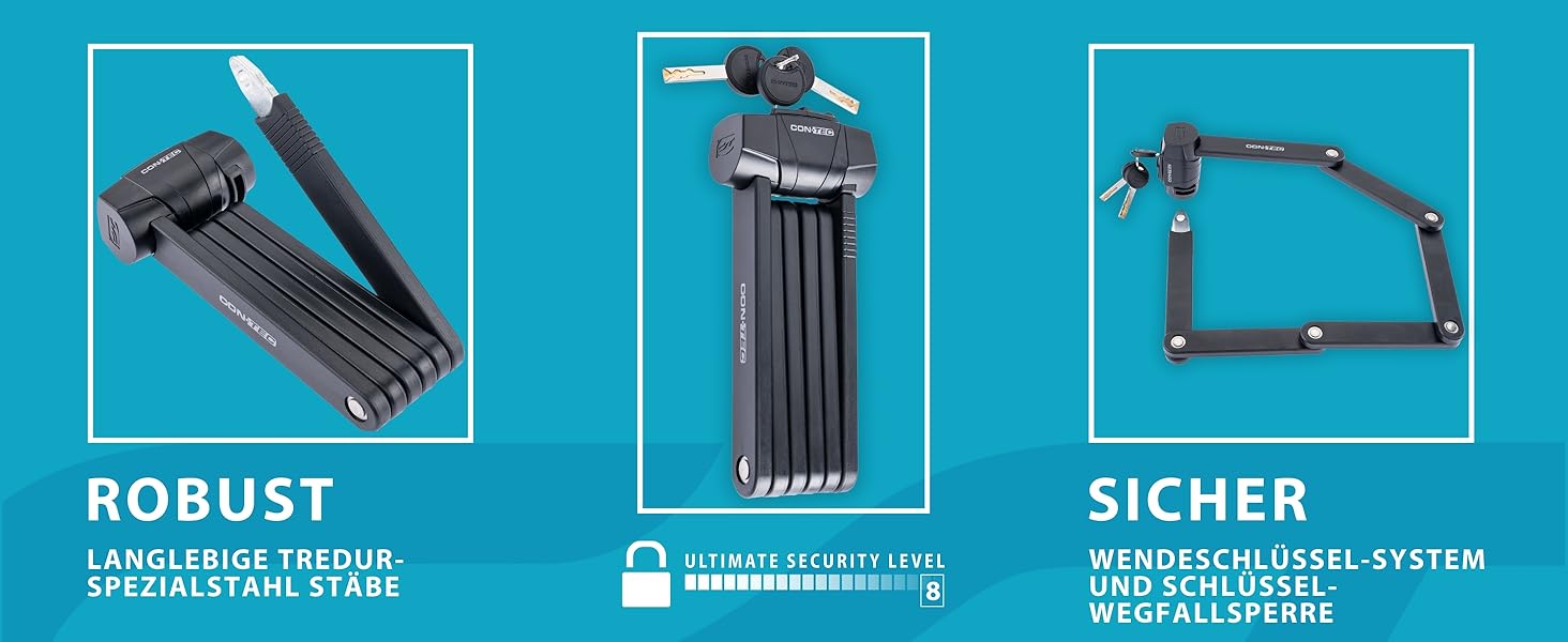 CONTEC велосипедний складаний замок SherLock, міцна сталева конструкція Tredur, 85 см з кріпленням, реверсивний ключ і захист від випадкового випадання, чорний