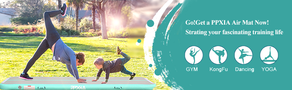 Надувний гімнастичний мат для тамблінгу та йоги з помпою, мат для стрибків та черлідингу, 400x100x20 см, зелений