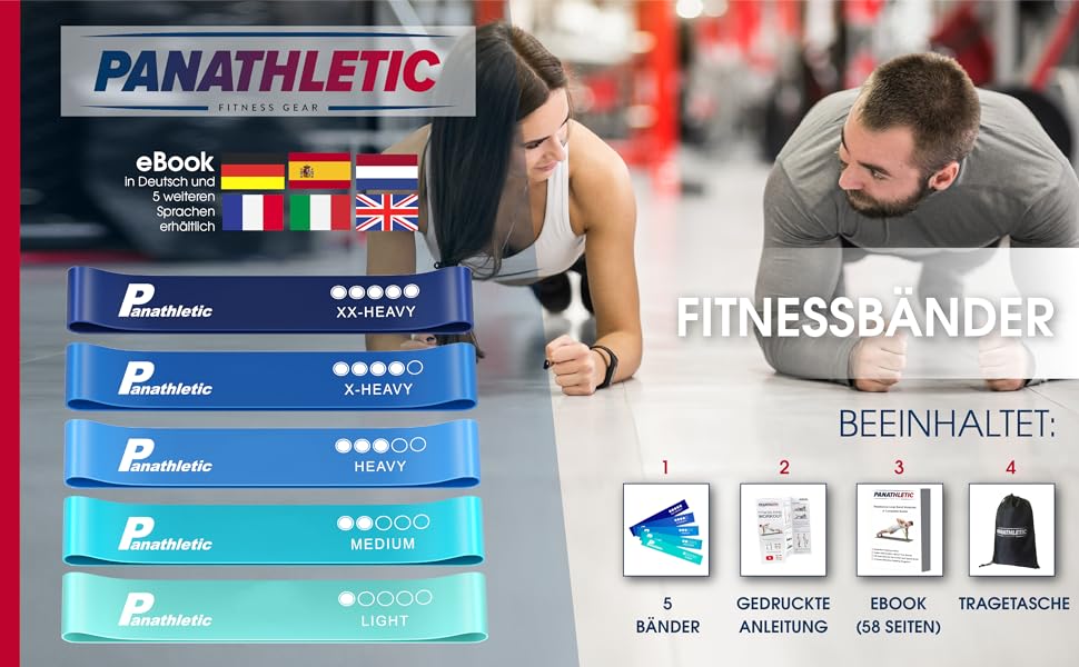 Набір фітнес-гумок Panathletic, 5 шт. – різні рівні опору, інструкція, eBook, сумка – 5 фітнес-гумок, гімнастичний бандаж, еластична стрічка чорного, червоного, жовтого, синього, зеленого кольорів (синій)