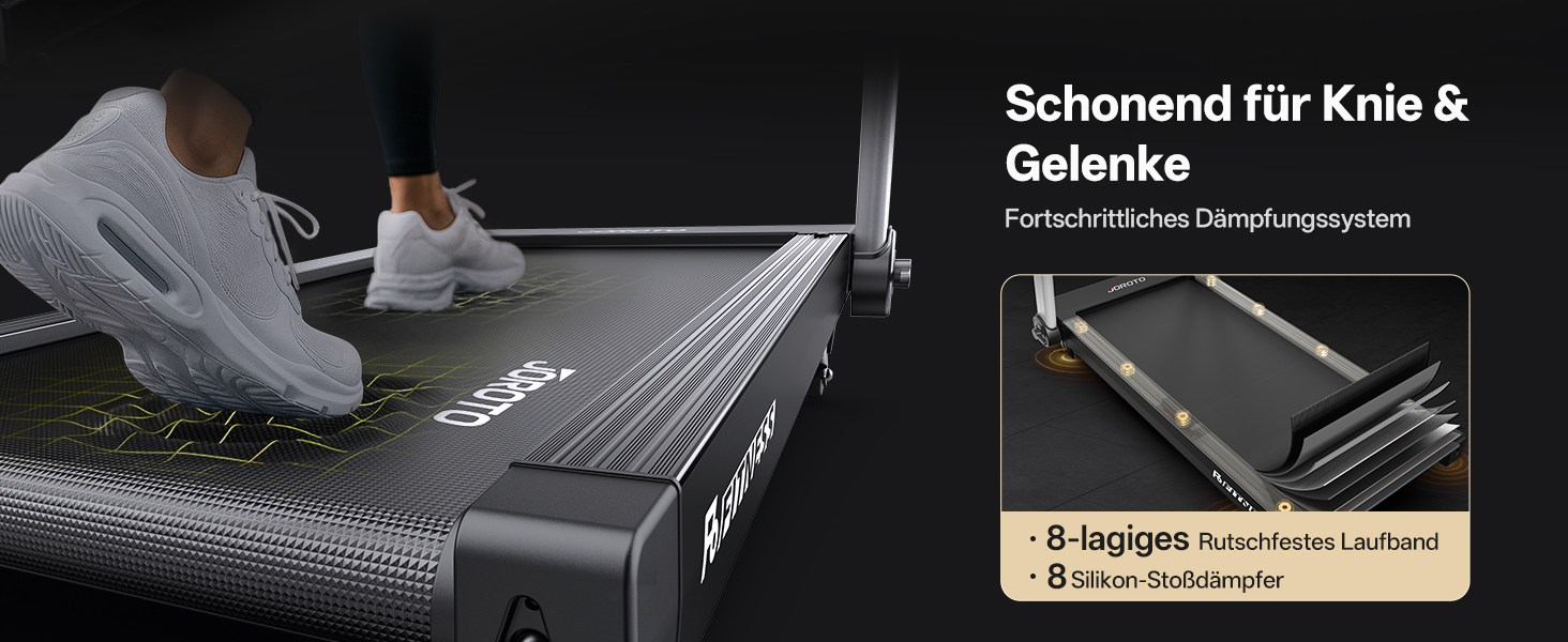 Біговий тренажер JOROTO для дому, складаний, 2.5PS, нахил 1-10%, LED дисплей, 15 програм, 1-16 км/год, велика площа бігової доріжки 130×48 см, Bluetooth, Kinomap, вантажопідйомність 150 кг, чорний