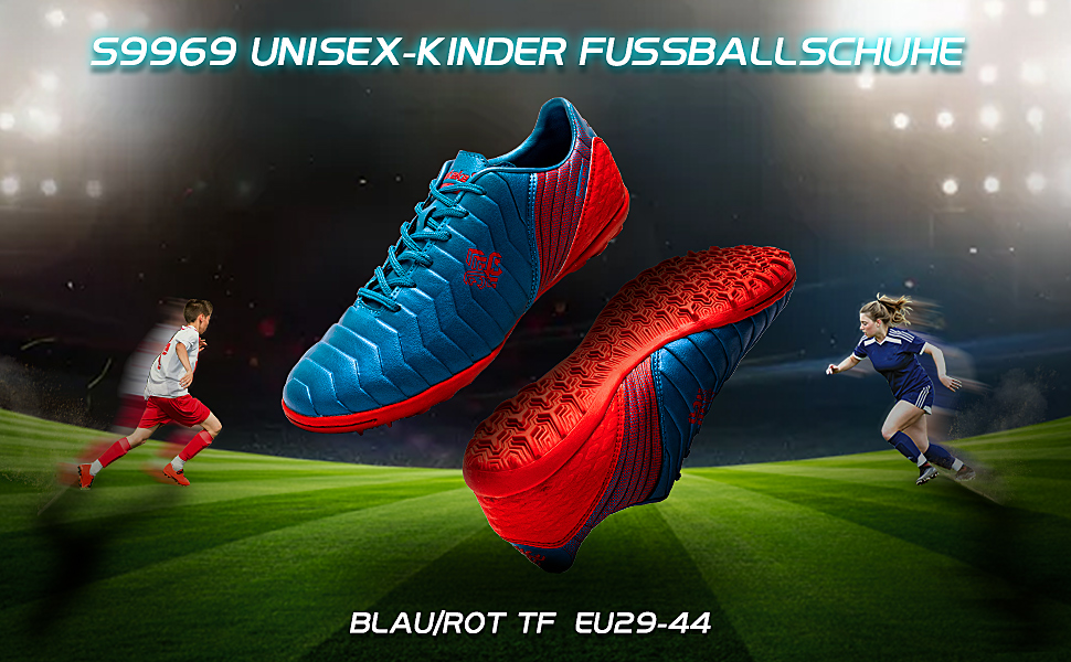 Дитячі футбольні бутси для хлопчиків та дівчаток FG/AG/TF, професійні, для тренувань та гри на траві, Outdoor, блакитний/червоний, 32 EU
