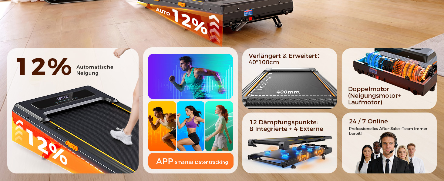 Walking Pad з регулюванням нахилу 12%, амортизація, біговий стіл з розумним додатком, двигун 2.5PS, для дому та офісу, пульт дистанційного керування та LED дисплей, 180 кг, автоматичний нахил та додаток