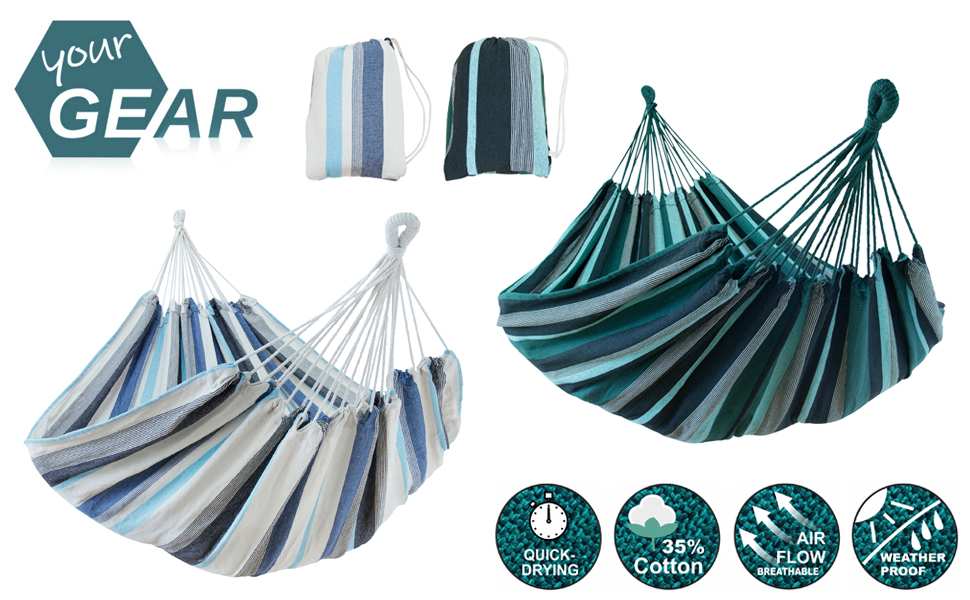 Гамак yourGEAR Cebu XXL 220x160 см, бавовна, 2 особи, до 300 кг, смарагдовий/блакитний, з сумкою