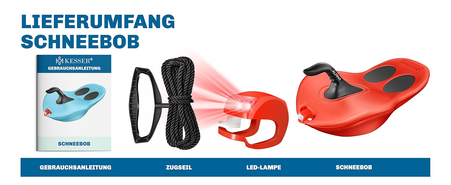 Слалом KESSER® Bob Alpina з LED-підсвіткою та тросом. Дитячий гірський санки, пластиковий санки для дітей та дорослих. Червоний.