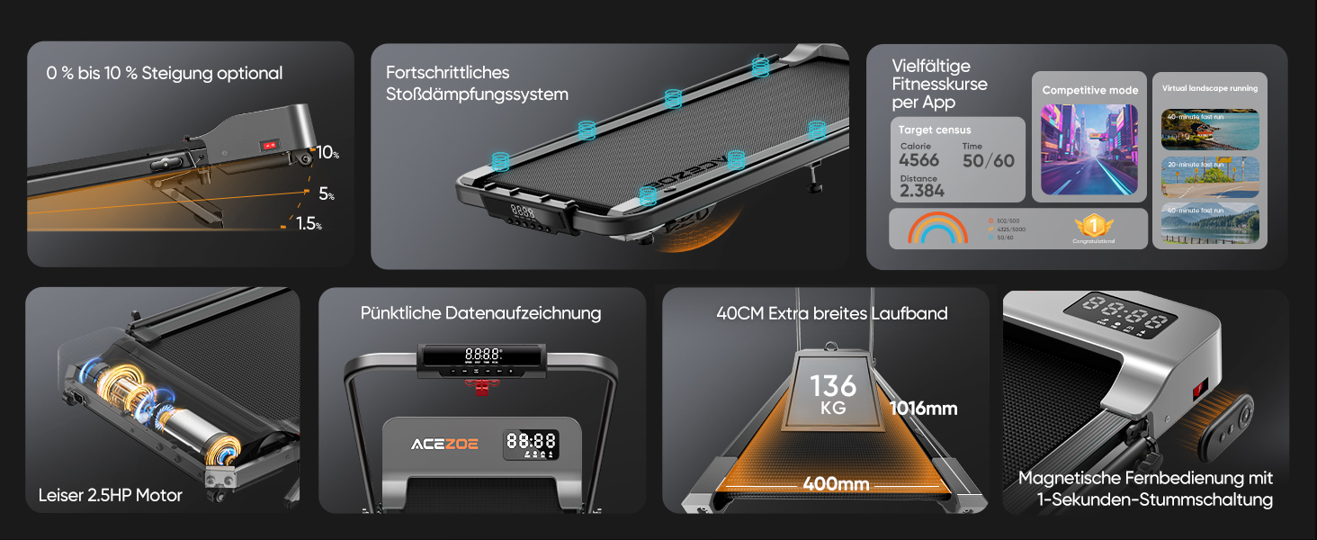 Біговий тренажер 6 в 1 для дому, складний, з регулюванням нахилу 10% та ручками. Макс. вантажність 135 кг, LED-дисплей, пульт дистанційного керування та додаток. Чорний та сірий.