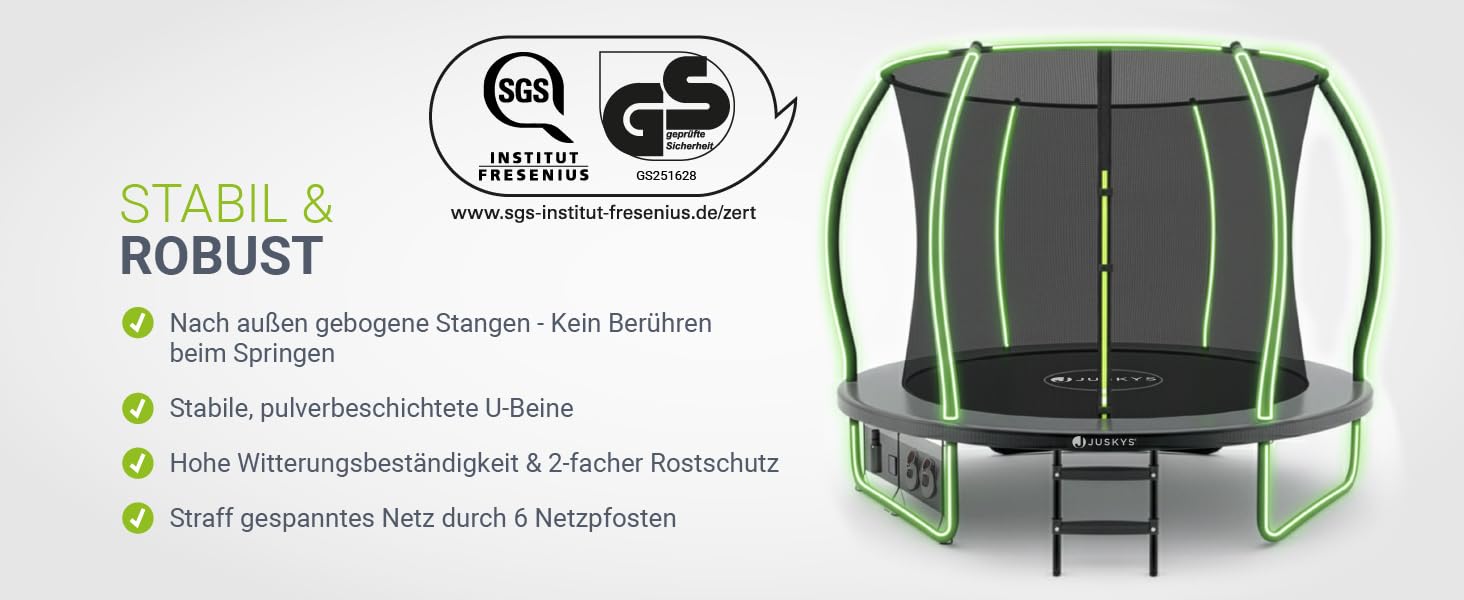 Батут Juskys SkyBounce – Ø 228/305/366 см, Outdoor, з сіткою безпеки, сходами та пружинами PowerSpring