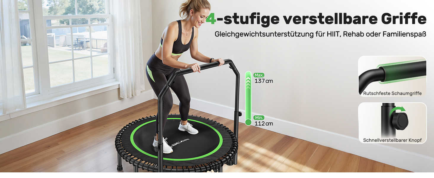 Трамплін для дорослих BCAN Rebounder 122 см, до 250 кг, з регульованою ручкою, для дому та вулиці, тренування всього тіла, зелений