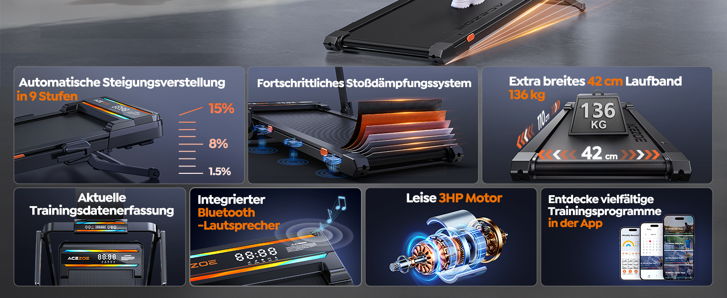 Бігова доріжка для дому Laufband з нахилом 0-15%, 3.0HP, складна, з динаміками, до 136 кг, розмір 137x72x13 см