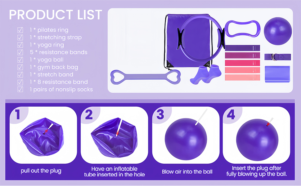 Набір для пілатесу та йоги, 13 предметів: кільце, м'яч, ремінь, кільце-еспандер, ремінь-помічник, набір для пілатесу, фіолетовий