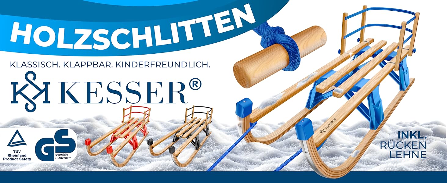 Дерев'яні санчата KESSER Davoser 110 см з бука, складні, зі спинкою, сині