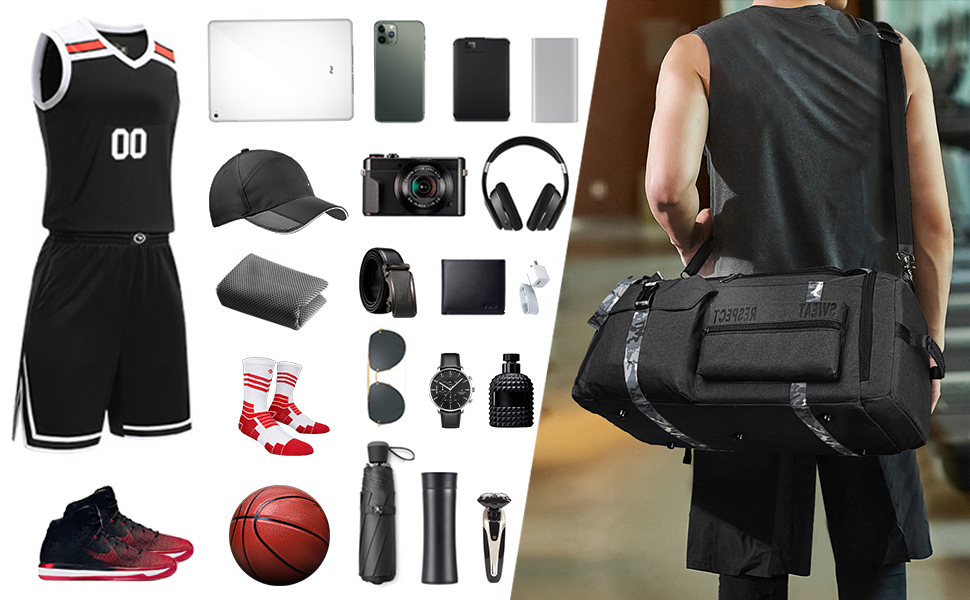 Спортивна сумка-рюкзак 3-в-1 для чоловіків з відділенням для взуття та вологих речей, чорна (22.4 x 10.6 x 11 дюймів)