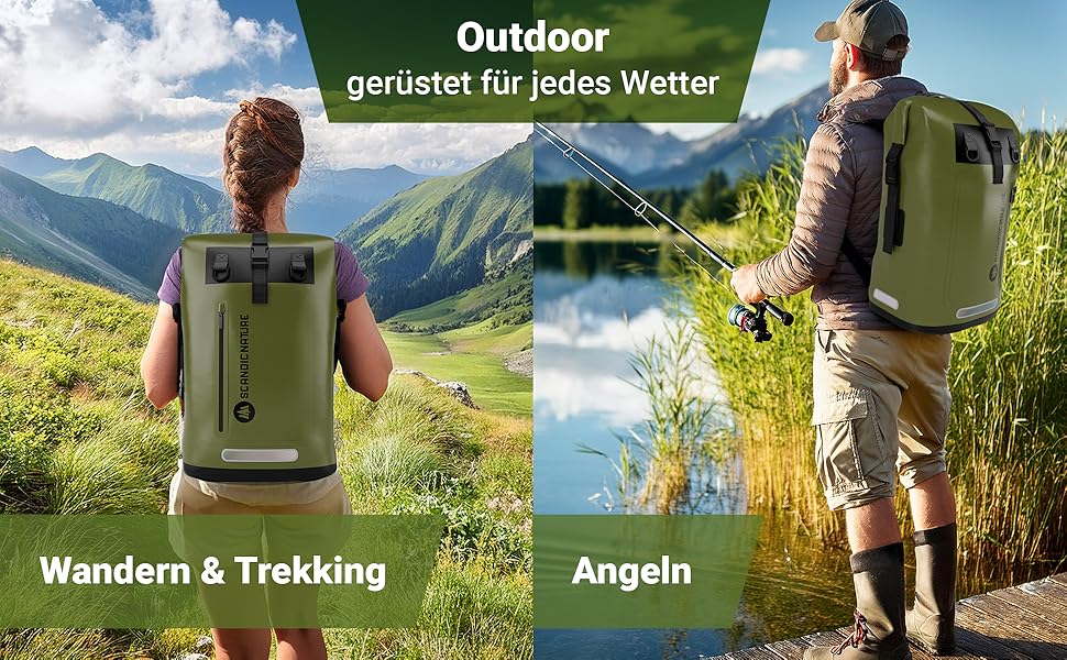 Водонепроникний рюкзак Scandic Nature Pioneer з ролтоп закриттям 35L/55L, чорний, жовтий, оливково-зелений - надміцний завдяки дну з 1000D PVC тканини, водонепроникний чохол для телефону IPX8, 35 літрів