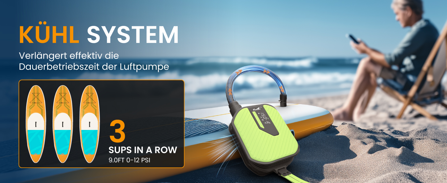 Насос електричний TowerTop для SUP дошки, каяків та автомобілів, 50 PSI, 10500mAh, 8 насадок, зелений