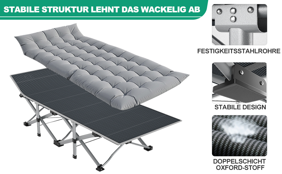 Велике розкладне ліжко з матрацом – 198x81x46 см, 400 кг, сталевий каркас, Oxford-тканина, для дорослих, сад, подорожі (Сірий)