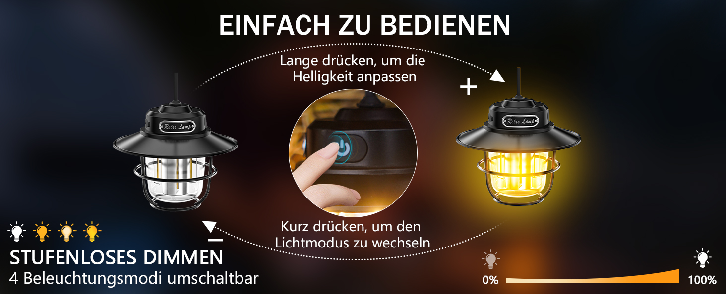 LED кемпінговий ліхтар: портативна налобний ліхтар для кемпінгу, риболовлі, з 4 режимами освітлення, регулюванням яскравості, водонепроникний (IP65), USB-зарядка, чорний