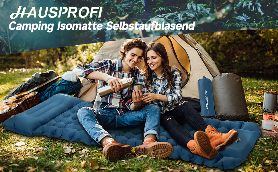 Каремат туристичний HAUSPROFI самонадувний, ультралегкий, з помпою та подушкою, армійний камуфляж (темно-синій)